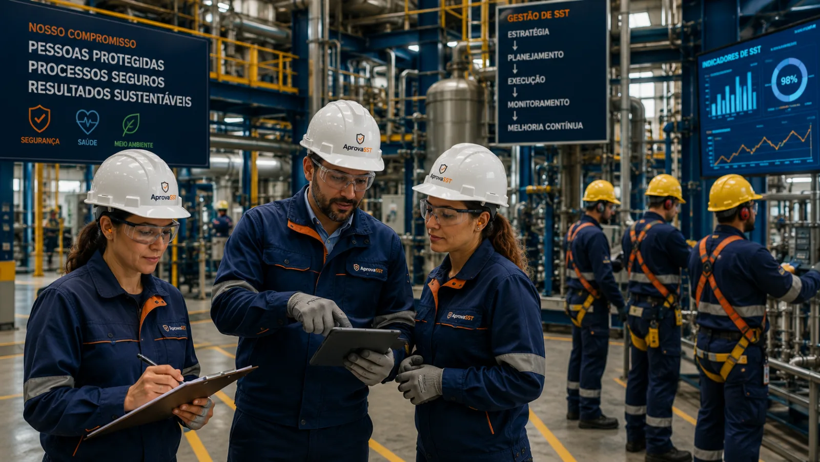 Equipe técnica AprovaSST em planta industrial: gestão, engenharia, segurança e indicadores de SST
